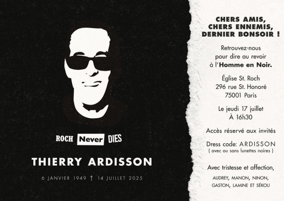 Faire-part des obsèques de Thierry Ardisson