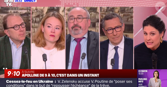 Apolline de Malherbe contrainte d'avoir un micro-main à la suite d'un imprévu, le 14 mars 2025, sur BFMTV