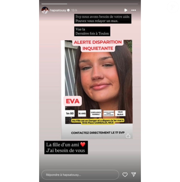 Eva Riverain disparue le 1er mai 2025 à Nice. Capture d'écran Instagram @ Hapsatou Sy