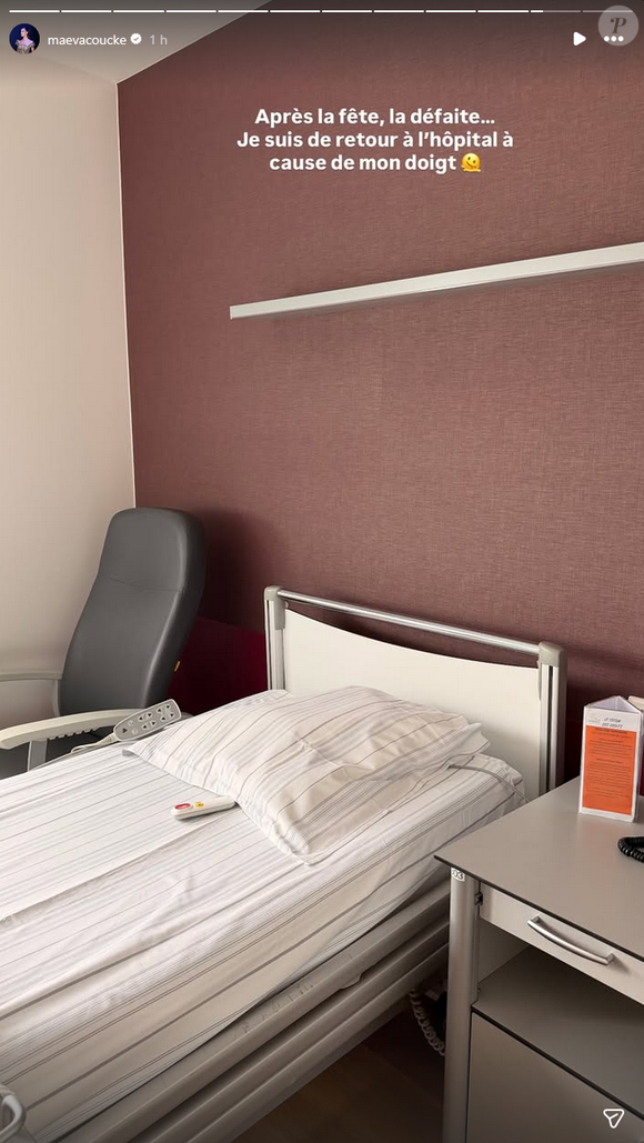 "Après la fête, la défaite… Je suis de retour à l’hôpital à cause de mon doigt", a-t-elle écrit dans un premier temps...

Maeva Coucke hospitalisée va subir une intervention chirurgicale - Dimanche 31 mai 2026 - Instagram