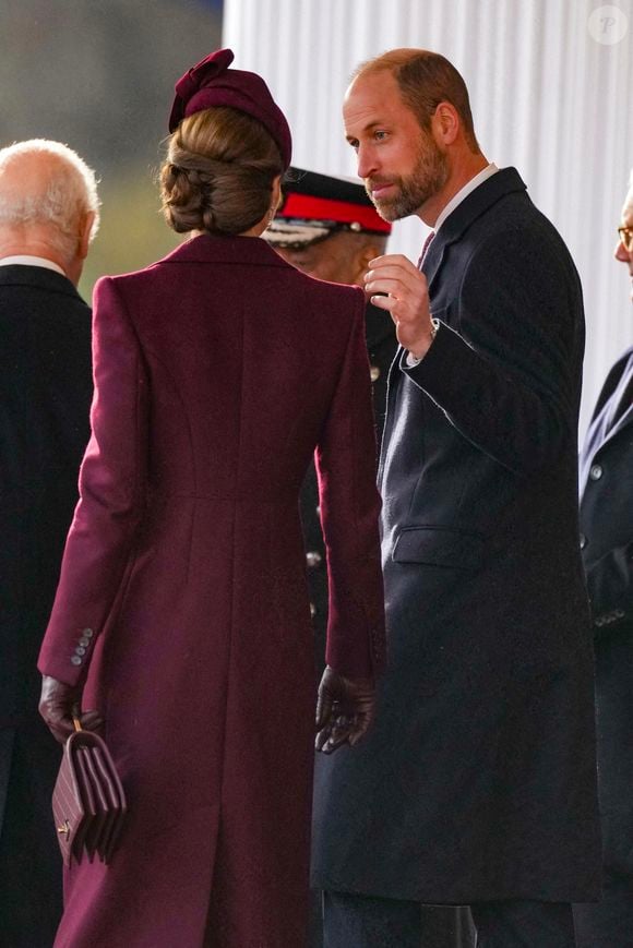 Le prince William, prince de Galles, et Catherine (Kate) Middleton, princesse de Galles - Cérémonie de bienvenue pour la visite d'État de l'émir du Qatar Tamim ben Hamad Al-Thani à Londres, le 3 décembre 2024.