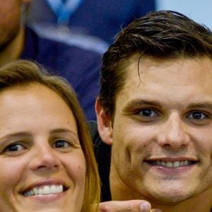 L'ancienne nageuse française Laure Manaudou et son frère Florent Manaudou lors des championnats de France de natation à Montpellier, France, le 3 avril 2016. Photo by Henri Szwarc/ABACAPRESS.COM