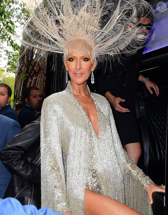 Celine Dion porte une grande coiffe à plumes alors qu'elle se rend au Met Gala, à New York City, NY, USA, le 6 mai 2019. 

Photo par DIGGZY/Splash News/ABACAPRESS.COM