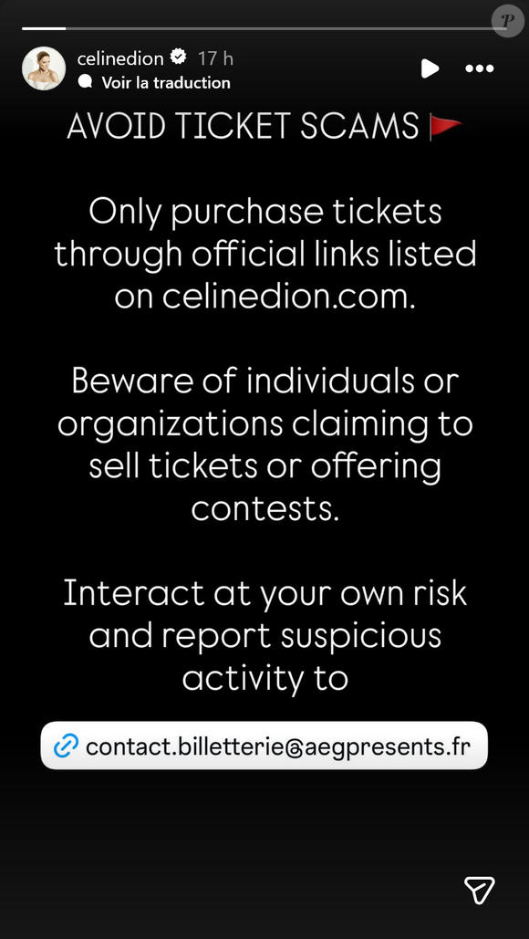Face aux arnaques, Céline Dion met en garde ses fans sur Instagram : privilégier uniquement les canaux officiels pour acheter ses billets.