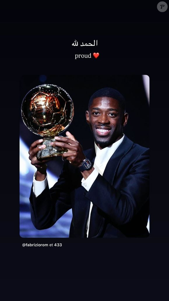 Rima, la femme d'Ousmane Dembélé a exprimé sa fierté sur son compte Instagram

Rima Edbouche, la femme d'Ousmane Dembélé, a publié des stories sur Instagram après le sacre de son mari au Ballon d'or 2025 le 22 septembre 2025.