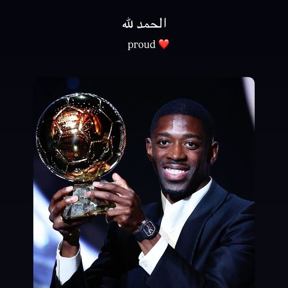 Rima, la femme d'Ousmane Dembélé a exprimé sa fierté sur son compte Instagram

Rima Edbouche, la femme d'Ousmane Dembélé, a publié des stories sur Instagram après le sacre de son mari au Ballon d'or 2025 le 22 septembre 2025.