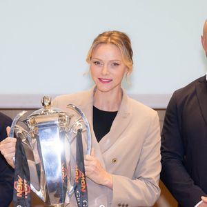 Mathieu Brauge, La princesse Charlène de Monaco, William Servat, entraîneur du XV de France - La princesse C.de Monaco, en compagnie de son frère G.Wittstock, participe à la remise des prix de la "Journée du respect" au collège Charles III à Monaco, le 29 avril 2025. © Olivier Huitel / Pool Monaco / Bestimage