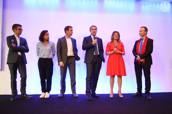 Ashley Chevalier, Christophe Person, Christophe Delay, Pascale de La Tour du Pin et Christophe Barbier assistant à la conférence de presse annuelle de RMC et BFM TV, à Paris, France, le 6 septembre 2016. Photo de Jérôme Domine/ABACAPRESS.COM