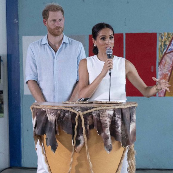 Le prince Harry et la duchesse de Sussex Meghan lors d'une visite à San Basilio de Palenque, en Colombie, le 17 août 2024. Photo by Gtres/ABACAPRESS.COM