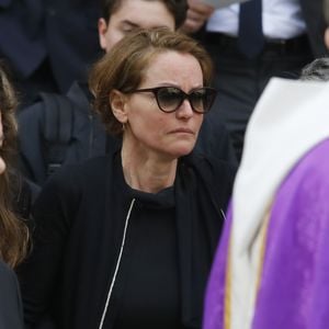 Cendrine Dominguez à la sortie des obsèques de Patrice Dominguez en la basilique Sainte Clotilde à Paris. Le 16 avril 2015