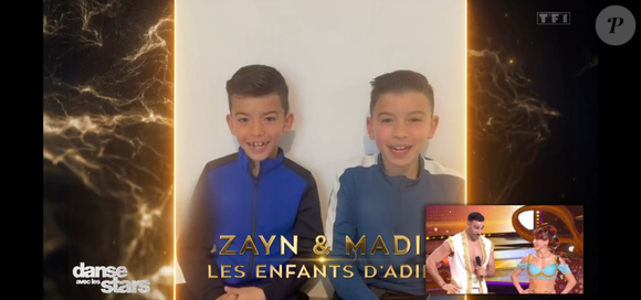 Zayn et Madi, les jumeaux d'Adil Rami, adressent un message vidéo à leur papa dans "Danse avec les stars" sur TF1 le 28 février 2025.