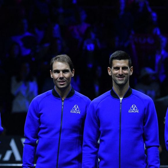 Roger Federer , Rafael Nadal, Novak Djokovic - Roger Federer dispute son dernier match de tennis en double avec Rafael Nadal, Novak Djokovic et Andy Murray de l'équipe Europe lors de la Laver Cup à O2 Arena à Londres, Royaume Uni, le 23 septembre 2022. © Antoine Couvercelle/Panoramic/Bestimage