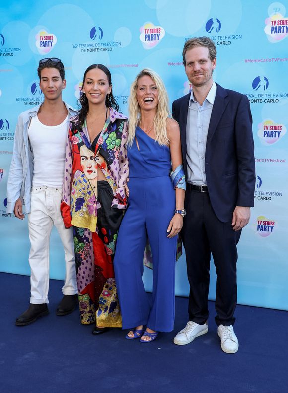 Constantin Balsan, Mateo Paitel, Marie Fevre et Aurore Delplace (Un si grand soleil)  pour la soirée du 1000ème épisode de "NCIS" autour d'un gateau au Neptune lors de la 63ème édition du Festival de television de Monte-Carlo, Monaco, le 15 juin 2024. © Denis Guignebourg/BestImage