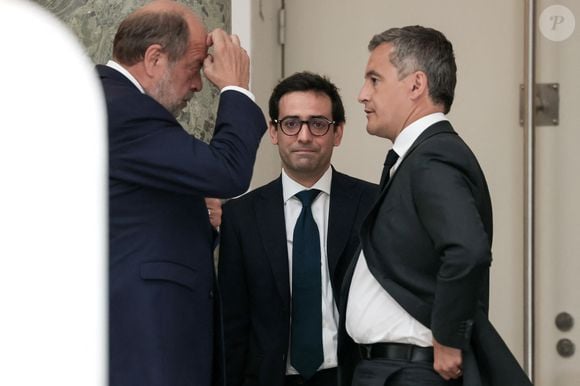 Eric Dupont Moretti, Stéphane Séjourné et Gérald Darmanin et Sébastien Lecornu - Le président français donne conférence de presse, après avoir annoncé le 9 juin qu'il dissolvait le parlement, et après avoir appelé à des élections législatives anticipées suite à la victoire de l'extrême droite sur son alliance centriste dans les sondages de l'Union européenne, au Pavillon Cambon Capucines, à Paris, France, le 12 juin 2024. © Stéphane Lemouton/Bestimage