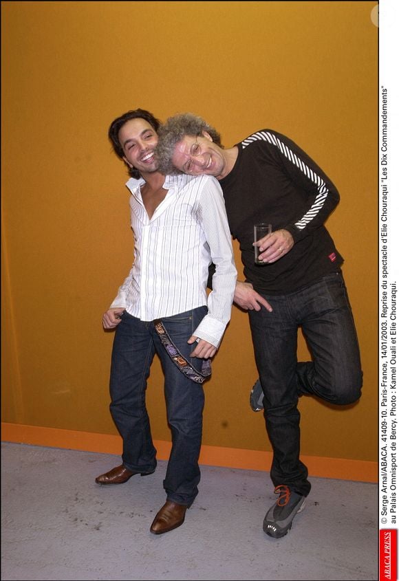 © Serge Arnal/ABACA. 41409-10. Paris-France. 14/01/2003. Reprise du spectacle d'Elie Chouraqui Les Dix Commandements au Palais Omnisports de Bercy. Photo : Kamel Ouali et Elie Chouraqui.