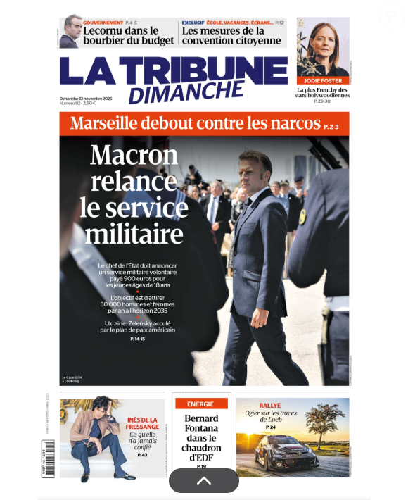 Couverture de "La Tribune du Dimanche" le 23 novembre 2025.