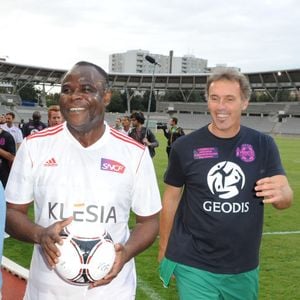 Basile Boli et Laurent Blanc - Match pour Thierry Roland et pour les 80 ans du football professionnel. Match de Gala, opposant le Varietes Club de France à la selection republicaine au Stade Charlety a Paris le 12 Septembre 2012.