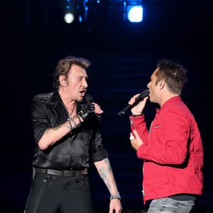 Exclusif - David Hallyday - Johnny Hallyday en duo pour son 2eme concert de la tournee "Born Rocker Tour" au POPB de Bercy a Paris. Le 15 juin 2013
