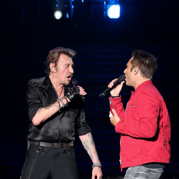 Exclusif - David Hallyday - Johnny Hallyday en duo pour son 2eme concert de la tournee "Born Rocker Tour" au POPB de Bercy a Paris. Le 15 juin 2013