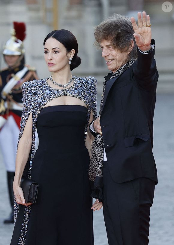 Sir Mick Jagger et sa compagne Melanie Hamrick - Dîner d'Etat au château de Versailles en l'honneur de la visite officielle du roi et de la reine d'Angleterre en France (20 - 22 septembre 2023), le 20 septembre 2023.  © Jacovides-Moreau / Bestimage
