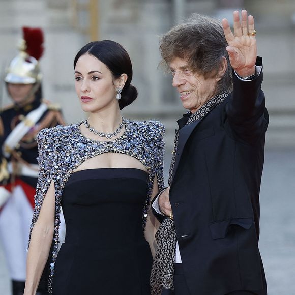 Sir Mick Jagger et sa compagne Melanie Hamrick - Dîner d'Etat au château de Versailles en l'honneur de la visite officielle du roi et de la reine d'Angleterre en France (20 - 22 septembre 2023), le 20 septembre 2023.  © Jacovides-Moreau / Bestimage