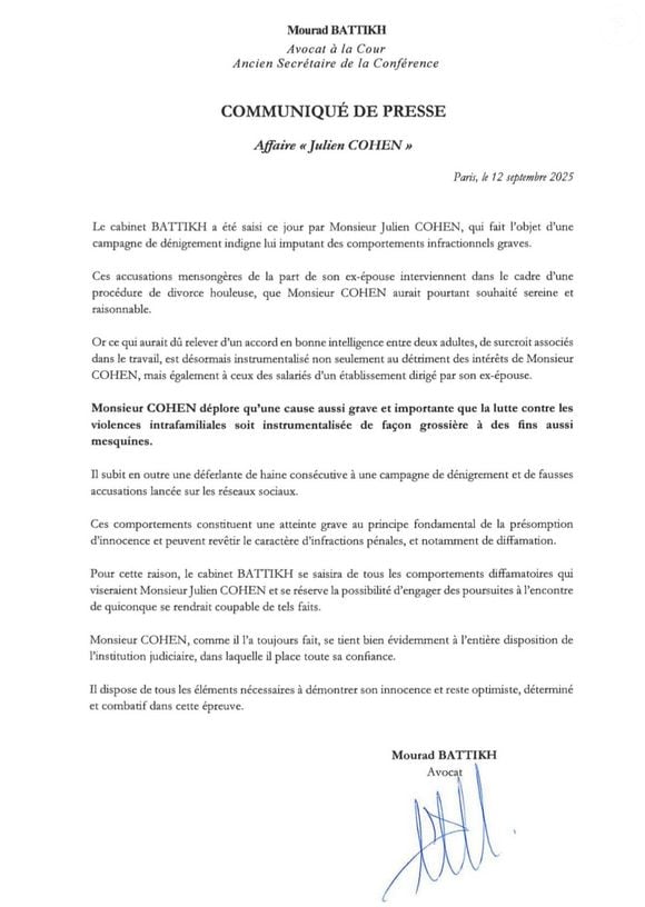 Communiqué de l'avocat de Julien Cohen