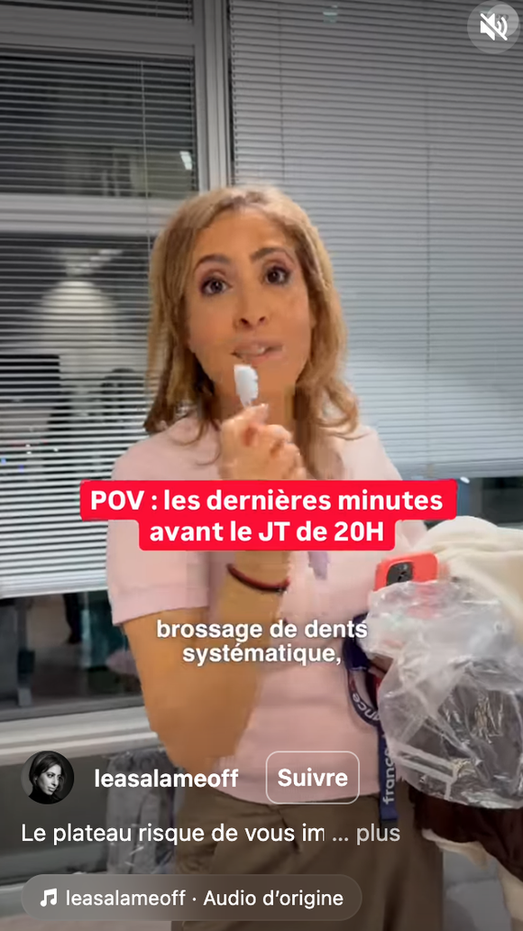 Elle rejoint ensuite la rédaction du journal, qu’elle décrit comme “une véritable ruche” où les journalistes finalisent leurs sujets.

Léa Salamé avant son JT de 20 heurs sur France 2. Capture Instagram.