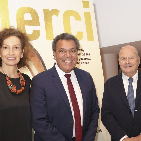Audrey Azoulay, Marc Ladreit de Lacharrière, Emmanuel Kasarhérou (président du musée du Quai Branly) - Marc Ladreit de Lacharrière est nommé mécène d'honneur du 20ème anniversaire du musée du quai Branly à Paris le 13 avril 2026. © Jack Tribeca / Bestimage
