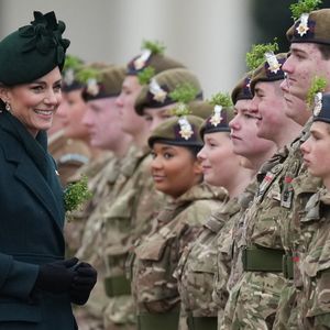 Catherine (Kate) Middleton, princesse de Galles, colonel des Irish Guards, visite le régiment lors du défilé de la Saint-Patrick à la caserne Wellington de Londres, Royaume Uni, le 17 mars 2025. © Julien Burton/Bestimage