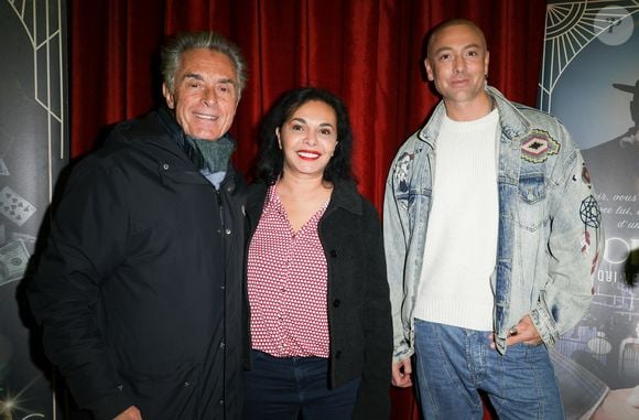 Gérard Holtz, Saïda Jawad et Maxime Dereymez - Générale de la comédie musicale "Victor Lustig, l’homme qui vendit la Tour Eiffel" au théâtre Bobino à Paris le 22 octobre 2025. © Coadic Guirec/Bestimage