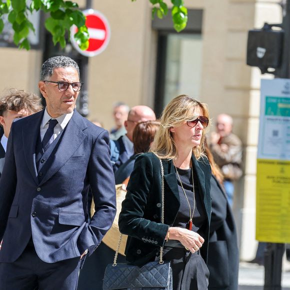 Yasmine Lavoine, Roschdy Zem, sa compagne Sarah Poniatowski (Lavoine), Roman Lavoine -  Arrivées aux obsèques du prince Jean-Stanislas Poniatowski en l'Eglise polonaise à Paris, France, le 29 avril 2024. © Jacovides-Moreau/Bestimage