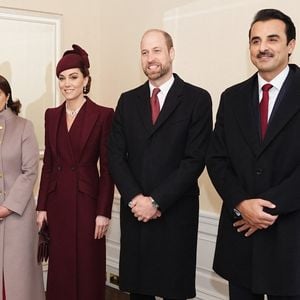 Le prince William, prince de Galles, et Catherine (Kate) Middleton, princesse de Galles, l'émir du Qatar Tamim ben Hamad Al-Thani et sa femme Jawaher bint Hamad bin Suhaim Al-Thani - Cérémonie de bienvenue pour la visite d'État de l'émir du Qatar Tamim ben Hamad Al-Thani à Londres, le 3 décembre 2024.