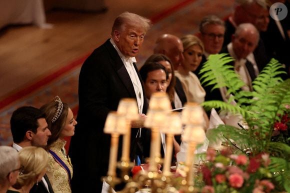 Le président américain Donald Trump prononce son discours sous le regard de la princesse de Galles et des invités lors du banquet d'État organisé pour le président américain et la première dame Melania Trump au château de Windsor, dans le Berkshire, au premier jour de leur deuxième visite d'État au Royaume-Uni. Mercredi 17 septembre 2025. Photo by Phil Noble/PA Wire/ABACAPRESS.COM