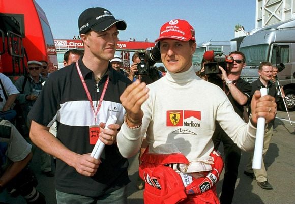 Michael et Ralf Schumacher après les essais du Grand Prix d'Espagne. Photo par Steve Mitchell/PA Photos/ABACAPRESS.COM