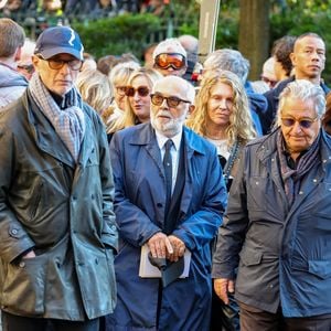 Thierry Lhermitte, Gérard Jugnot, Christian Clavier - Sortie des Obsèques de Michel Blanc en l'église Saint-Eustache à Paris, le 10 octobre 2024. 
© Moreau / Jacovides / Bestimage