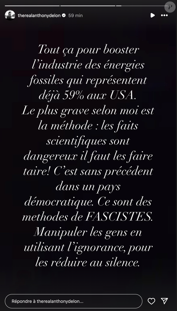 Désabusé, Anthony Delon dénonce "la méthode" utilisée : "les faits scientifiques sont dangereux, il faut les faire taire ! C’est sans précédent dans un pays démocratique", écrit-il.