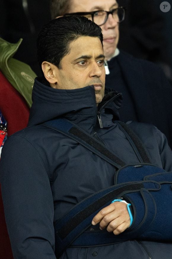 Nasser al-Khelaïfi - Célébrités dans les tribunes lors du match de Ligue des Champions entre le Paris Saint Germain contre Tottenham Hotspur Football Club (5-3) au Parc des Princes à Paris le 26 novembre 2025. © Cyril Moreau/Bestimage