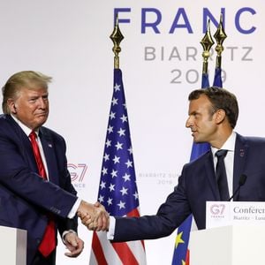 Conférence de presse commune du président de la République française Emmanuel Macron et du président des Etats-Unis Donald Trump lors du sommet du G7 à Biarritz, France, le 26 août 2019. © Stéphane Lemouton/Bestimage