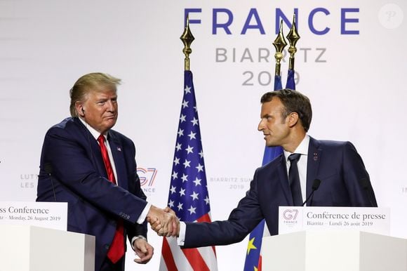 Conférence de presse commune du président de la République française Emmanuel Macron et du président des Etats-Unis Donald Trump lors du sommet du G7 à Biarritz, France, le 26 août 2019. © Stéphane Lemouton/Bestimage